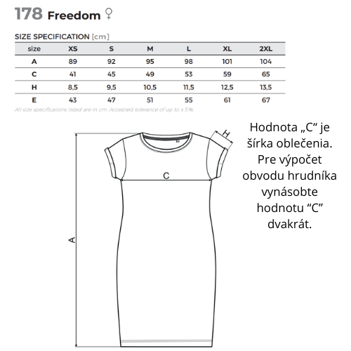 Hodnota “C” je šířka oblečení. Pro výpočet obvodu hrudníku vynásobte hodnotu “C” dvakrát. (5)